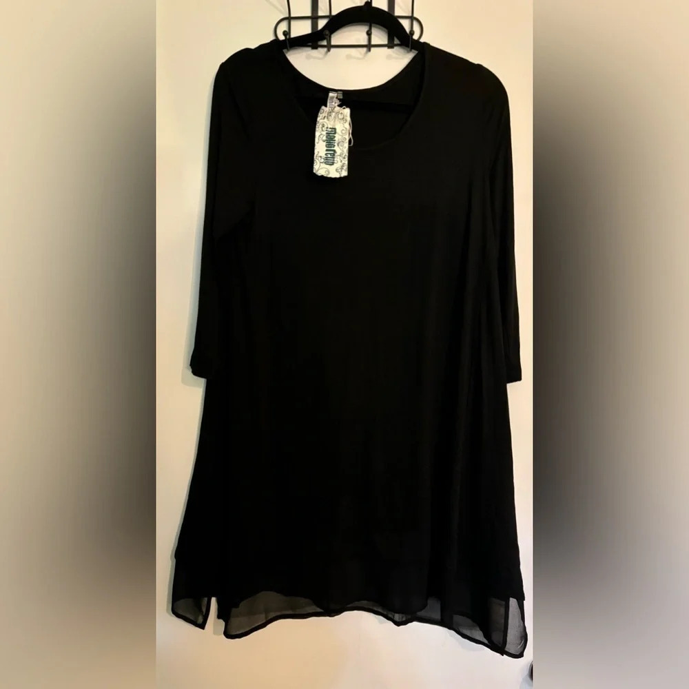 monoreno Womens Sz Med Black 3/4 Sleeve Mini Dress Tunic Stretch Chiffon Accent